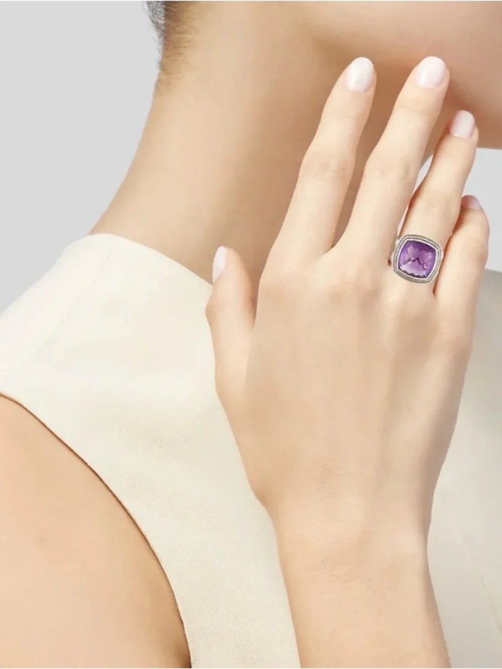 David Yurman Amethyst and Diamond Sterling Silver Ring - Size 7.5 -